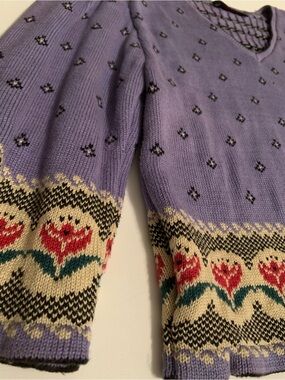 CULLINANE Vintage Purple Fair Isle Floral Knit Sweater V-Neck Cottage-core